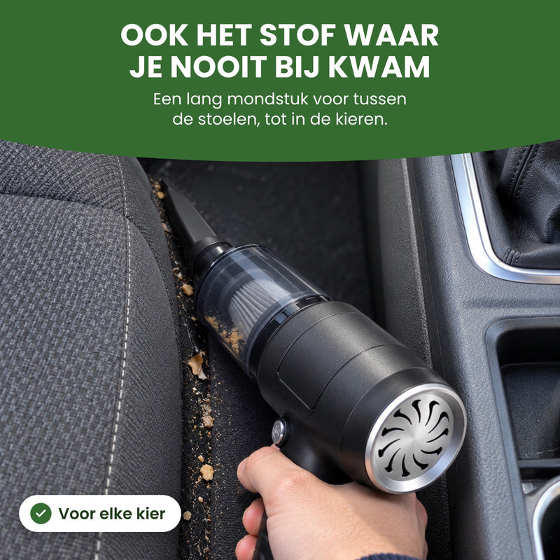 Lang mondstuk van de Quintix in de kier tussen autostoel en middenconsole: ook het stof waar je nooit bij kwam