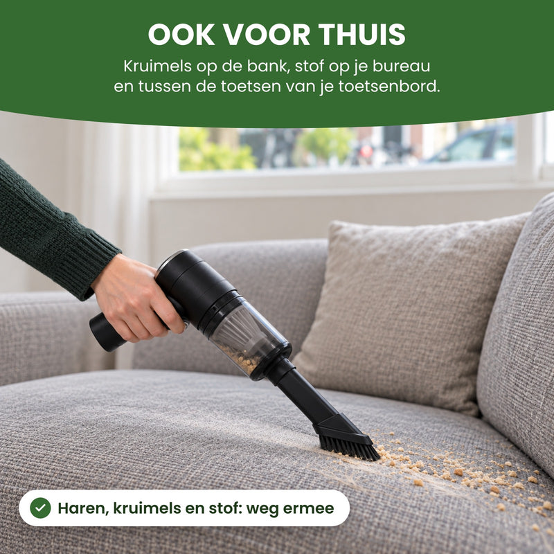 Quintix met de borstel op het mondstuk zuigt kruimels en haren van een grijze bank: ook voor thuis