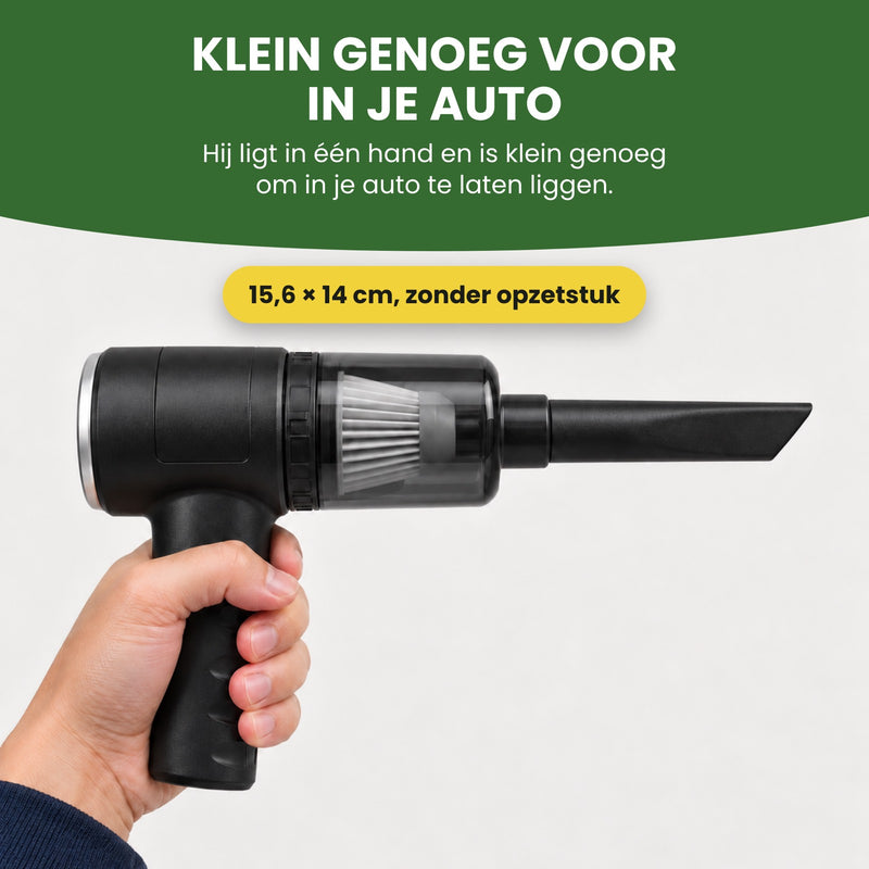 Quintix in één hand, recht van opzij, 15,6 bij 14 cm zonder opzetstuk: klein genoeg om in je auto te laten liggen