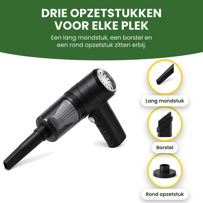 Quintix met de drie opzetstukken die erbij zitten: lang mondstuk, borstel en rond opzetstuk, voor elke plek