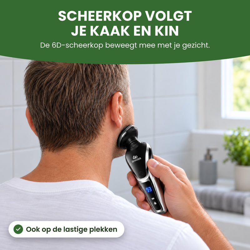 Man van achteren scheert zijn kaak met de Razova: de 6D-scheerkop beweegt mee met je gezicht, ook langs je kaak en kin