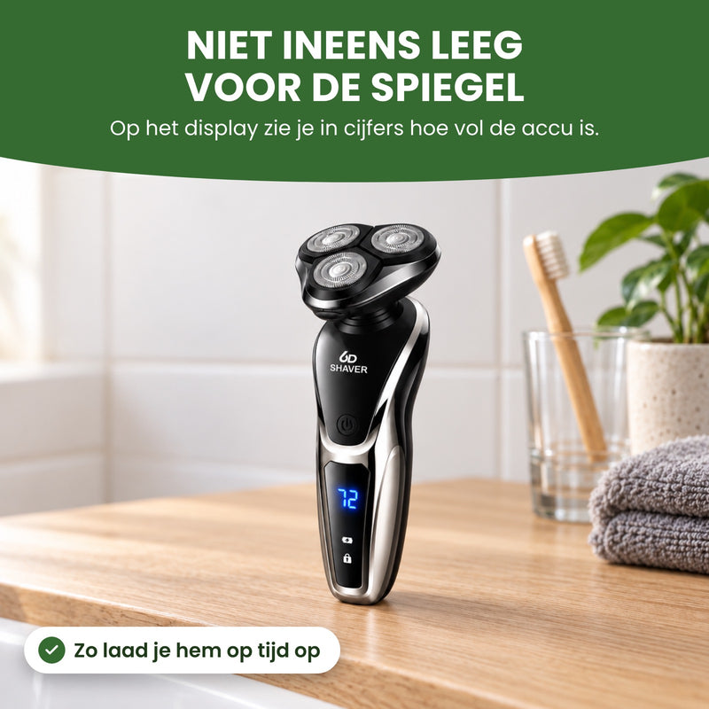 De Razova op een plank in de badkamer met de accu in cijfers op het display: zo laad je hem op tijd op