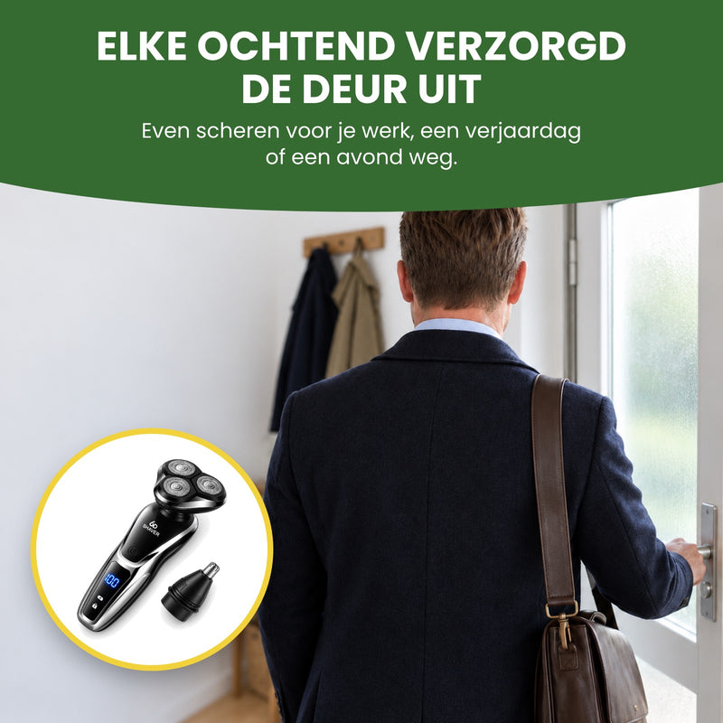 Man van achteren in de gang op weg naar zijn werk, met de Razova in een cirkel: elke ochtend verzorgd de deur uit
