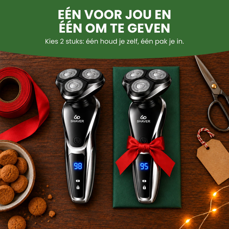 Twee Razova-scheerapparaten op tafel, één met een rode strik op cadeaupapier: één voor jou en één om te geven