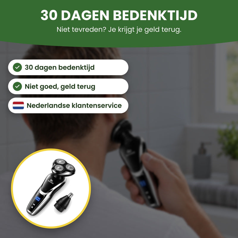 Het Razova scheerapparaat in een cirkel, met Nederlandse klantenservice: 30 dagen bedenktijd, niet goed geld terug