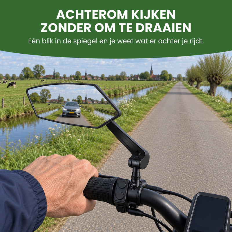 Vanaf het zadel van een e-bike op een polderweg: in de Reflectra fietsspiegel links nadert een auto. Achterom kijken zonder om te draaien
