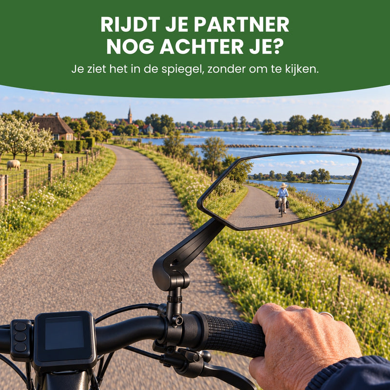 Fietsen op een dijk met de Reflectra fietsspiegel rechts op het stuur; in het glas fietst een vrouw mee: je ziet of je partner nog achter je rijdt