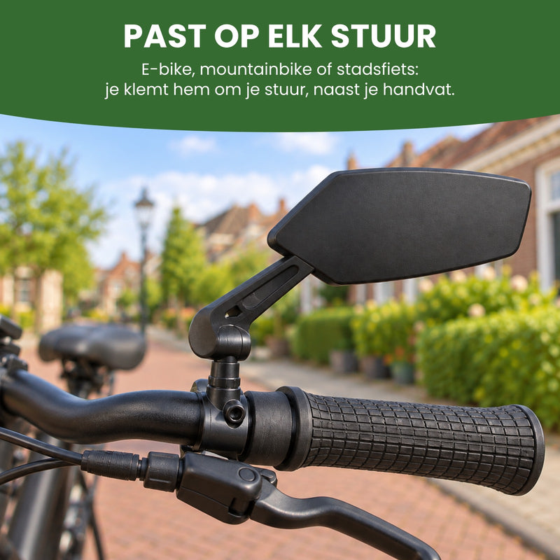 De klem van de Reflectra fietsspiegel om het stuur van een e-bike, naast het handvat, van voren gezien: past op elk stuur