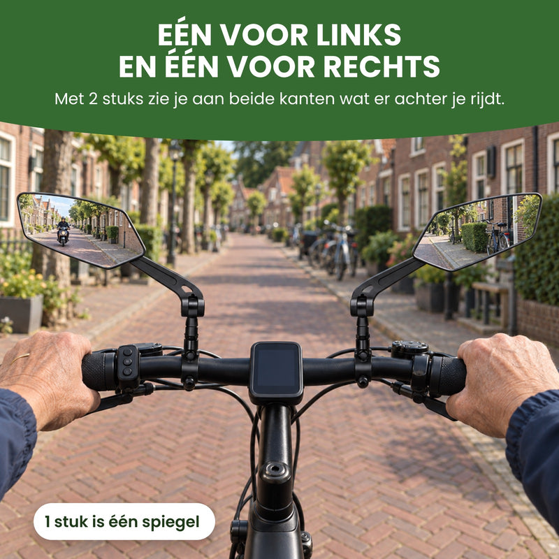 Fietsstuur van boven gezien met een Reflectra fietsspiegel links en een rechts, in een dorpsstraat: met 2 stuks één voor links en één voor rechts