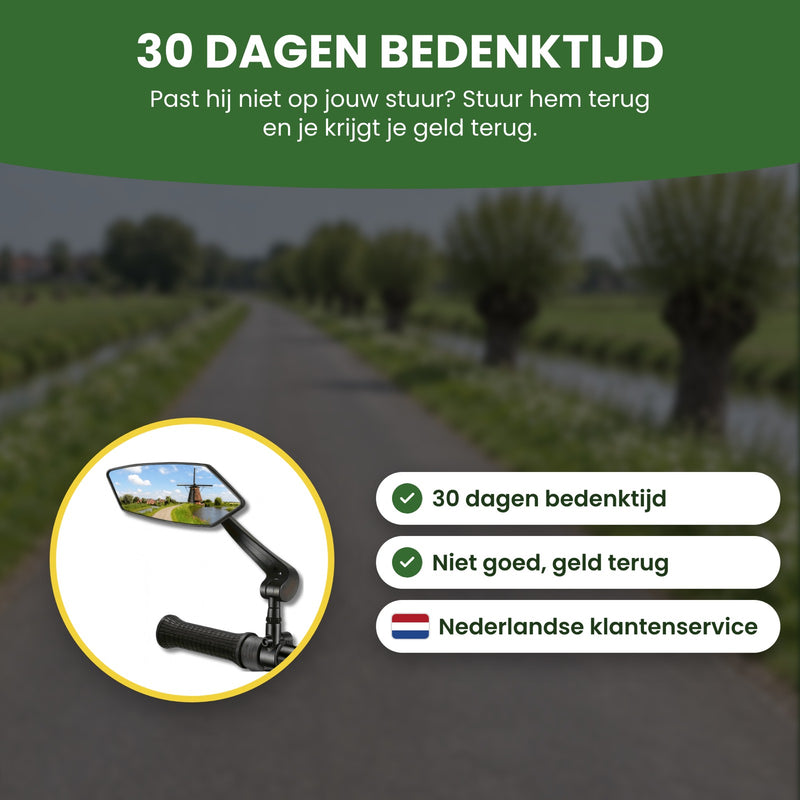 Reflectra fietsspiegel met een molen in het glas, in een cirkel: 30 dagen bedenktijd, niet goed geld terug en Nederlandse klantenservice