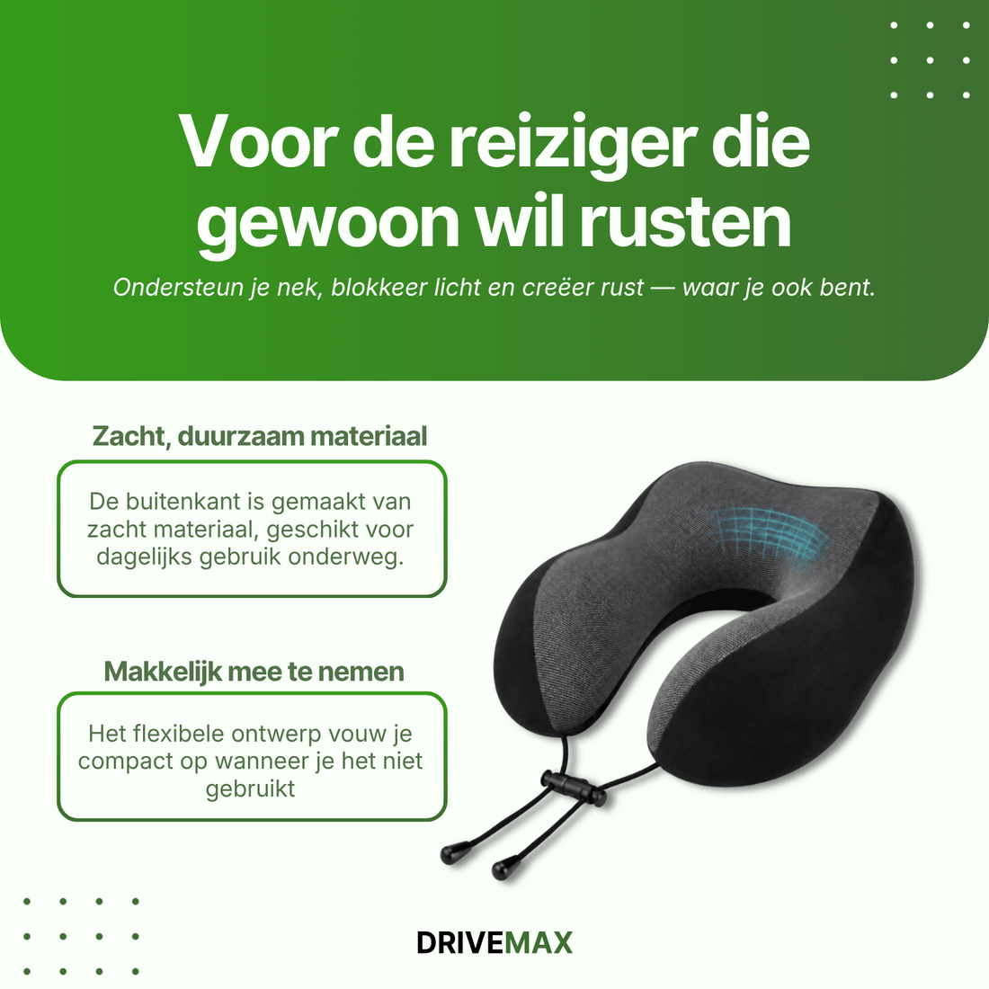 Reiskussen met memory foam op autostoel geplaatst, zijaanzicht