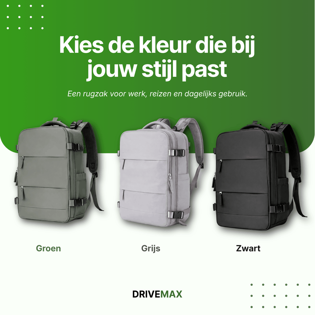 Reistas rugzak model in drie kleuren groen, grijs en zwart weergegeven naast elkaar.
