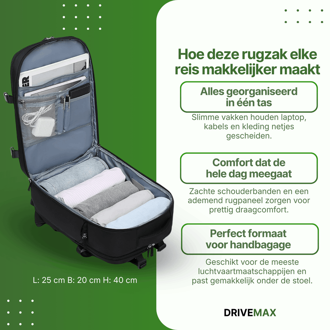 Open reistas met meerdere opbergvakken, ingepakte kleding en zichtbaar interieur voor organisatie.