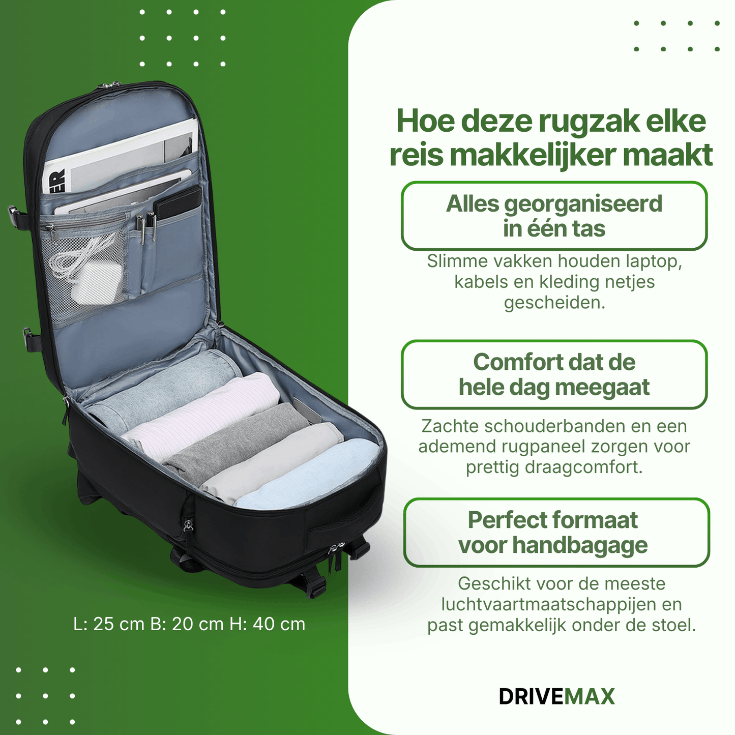 Open reistas met meerdere opbergvakken, ingepakte kleding en zichtbaar interieur voor organisatie.