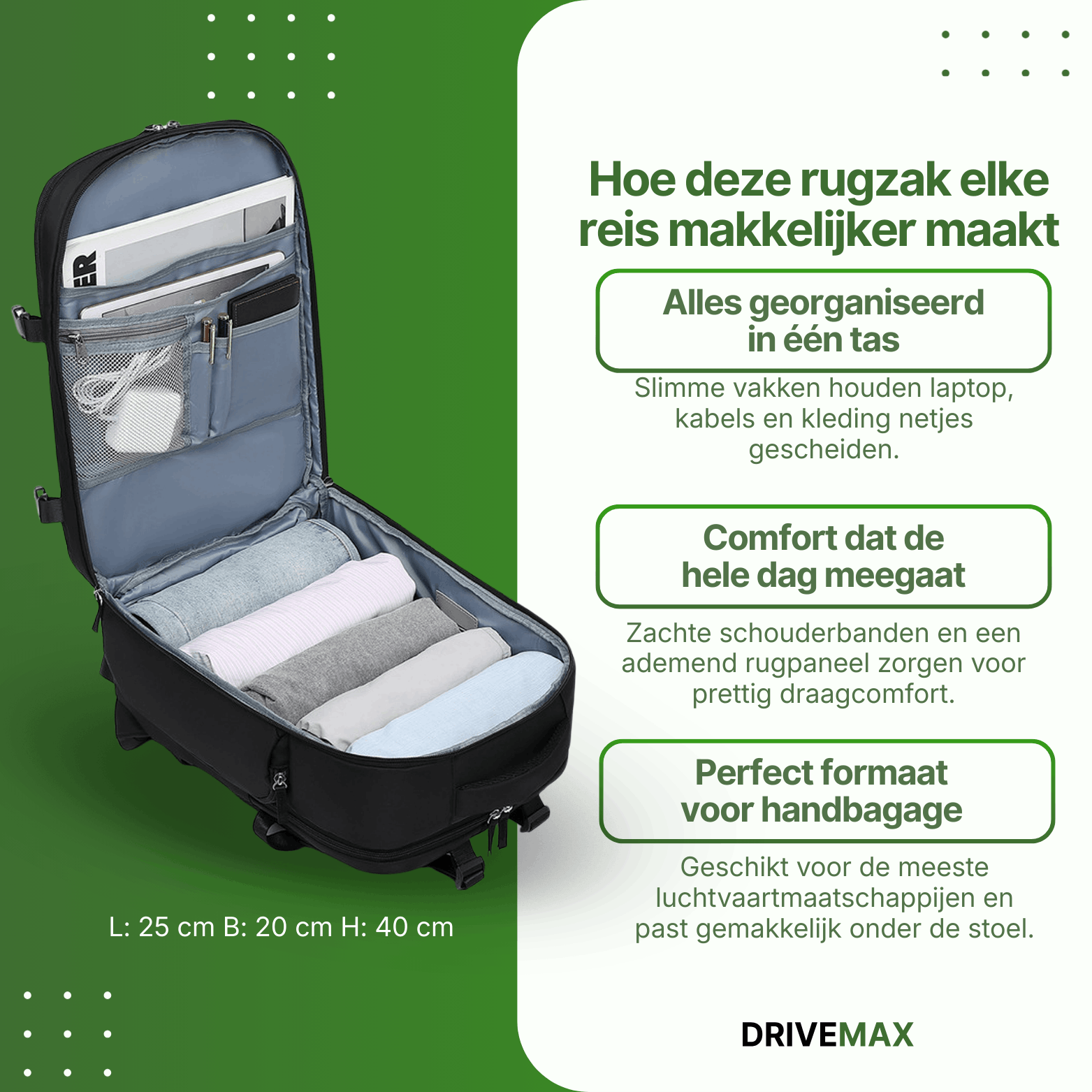 Open reistas met meerdere opbergvakken, ingepakte kleding en zichtbaar interieur voor organisatie.