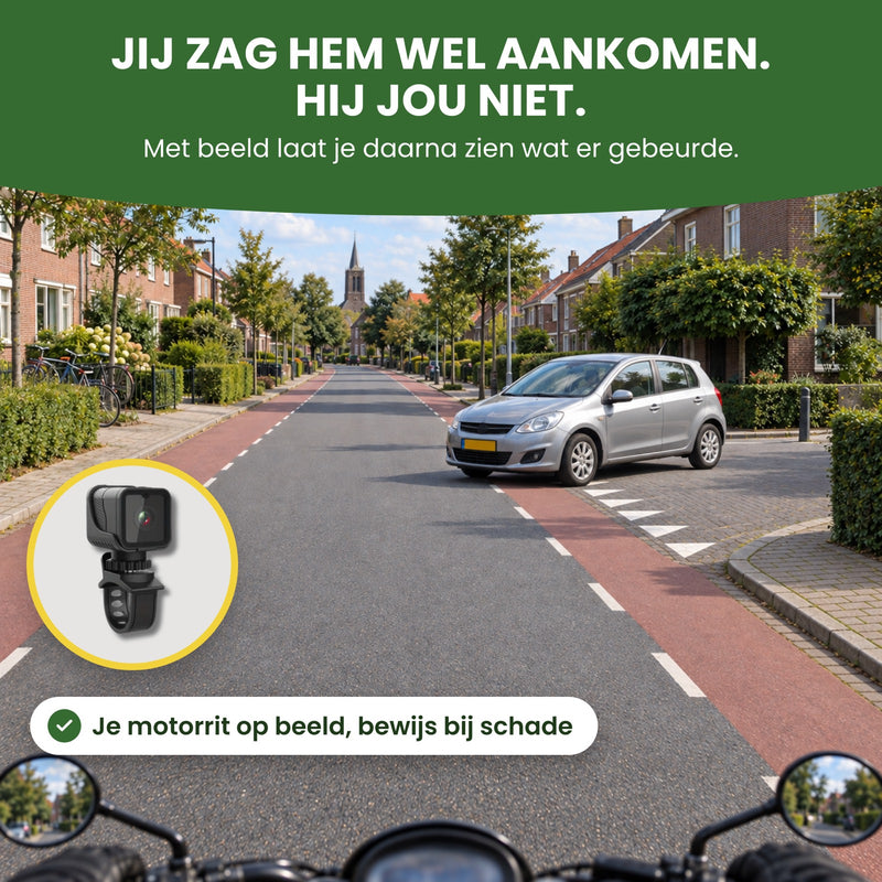 Uitzicht vanaf een motor in een Nederlandse straat, een auto komt uit een zijstraat: met de RideGuard Pro laat je daarna zien wat er gebeurde