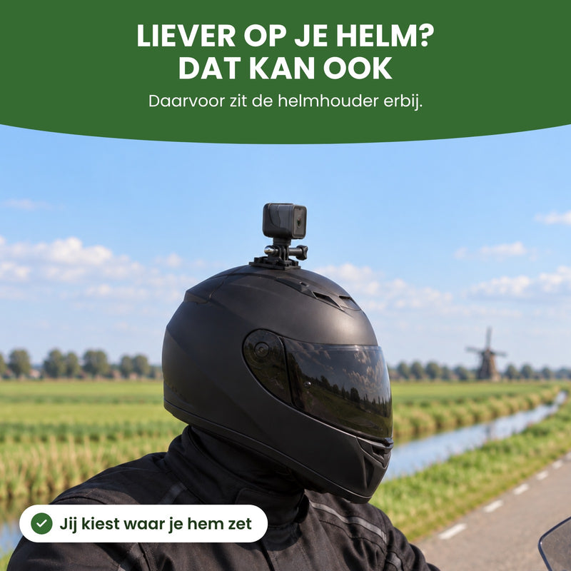 Motorrijder met de RideGuard Pro op de helmhouder boven op zijn helm: liever op je helm, dat kan ook