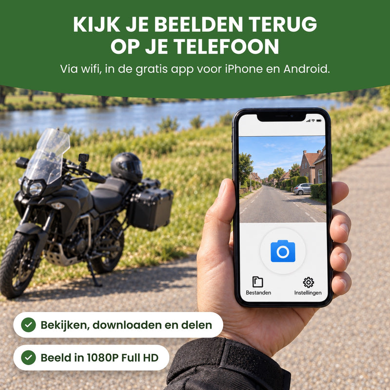 Hand met een telefoon met de app naast een geparkeerde motor met de RideGuard Pro op het stuur: kijk je beelden terug op je telefoon