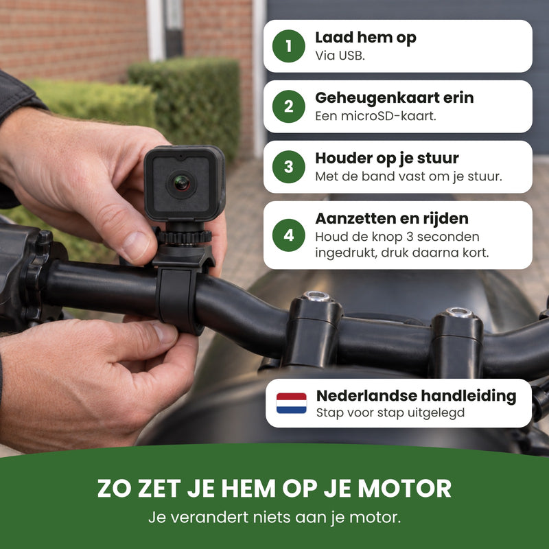 Handen maken de stuurhouder van de RideGuard Pro vast om het stuur, met vier stappen en het label Nederlandse handleiding: zo zet je hem op je motor