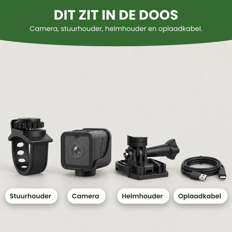 Inhoud van de doos van de RideGuard Pro: de camera, een stuurhouder met rubberen band, een helmhouder en de oplaadkabel