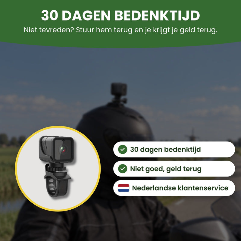 RideGuard Pro op de stuurhouder in een cirkel, met Nederlandse klantenservice: 30 dagen bedenktijd, niet goed geld terug