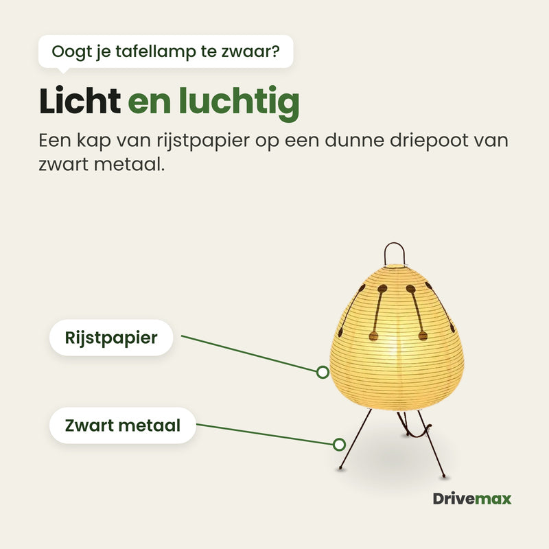 De Rizova met de labels rijstpapier en zwart metaal: licht en luchtig, een kap van rijstpapier op een dunne driepoot van zwart metaal