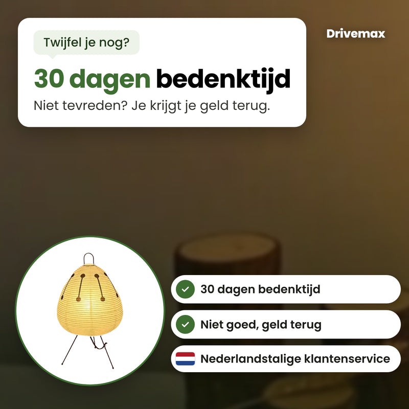 De Rizova tafellamp in een cirkel met Nederlandstalige klantenservice: 30 dagen bedenktijd, niet tevreden dan krijg je je geld terug