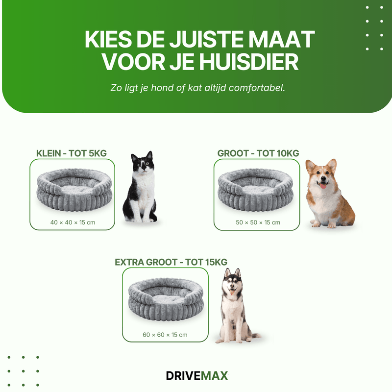 Overzicht van grijze ronde hondenmand in drie maten met kat en honden ter vergelijking.
