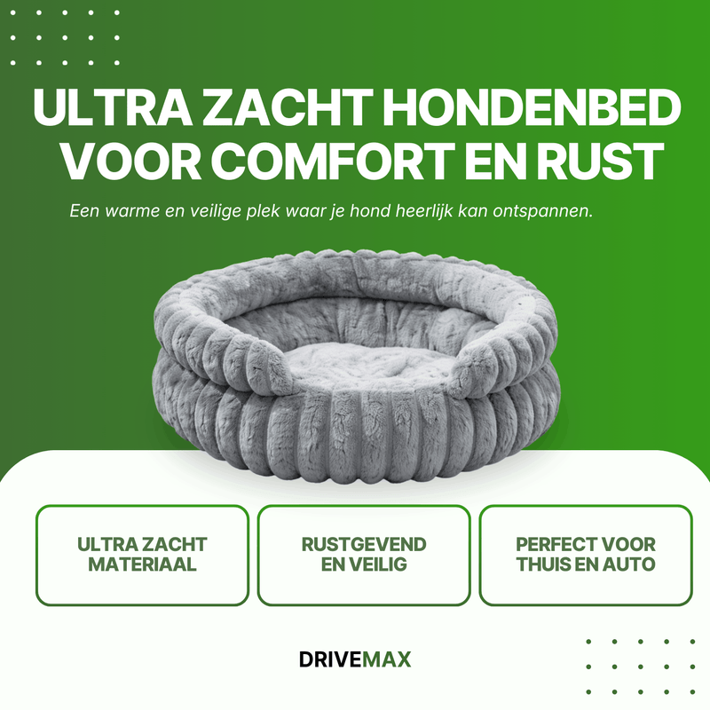 Ronde grijze pluche hondenmand op groene promotieachtergrond met tekst over ultra zacht hondenbed.