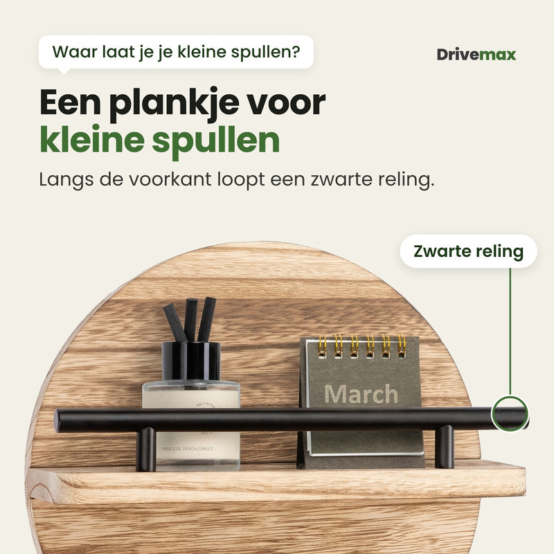 Het plankje van het Rondova wandrek van dichtbij, met een geurflesje, een mini-kalender en de zwarte reling aan de voorkant: een plankje voor kleine spullen