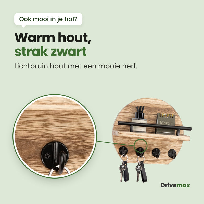 Het Rondova wandrek, licht schuin, met een uitvergroting van de houtnerf en een zwarte haak: warm hout, strak zwart
