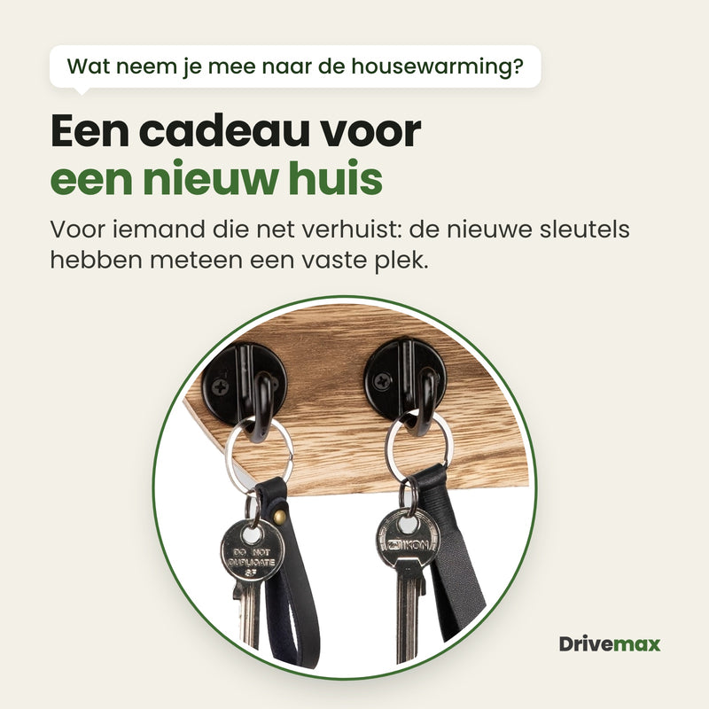 Twee zwarte haken van het Rondova wandrek met sleutelbossen, van dichtbij: een cadeau voor een nieuw huis, de nieuwe sleutels hebben meteen een vaste plek