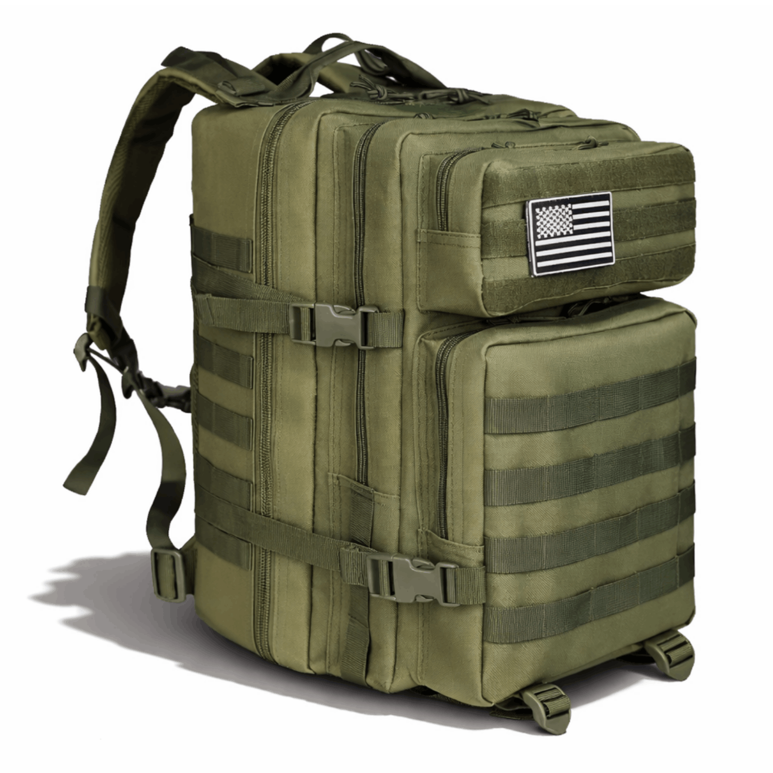 45L groene rugzak met meerdere vakken en MOLLE-webbing, voorzien van een Amerikaanse vlagpatch, ideaal voor dagelijks gebruik en reizen.
