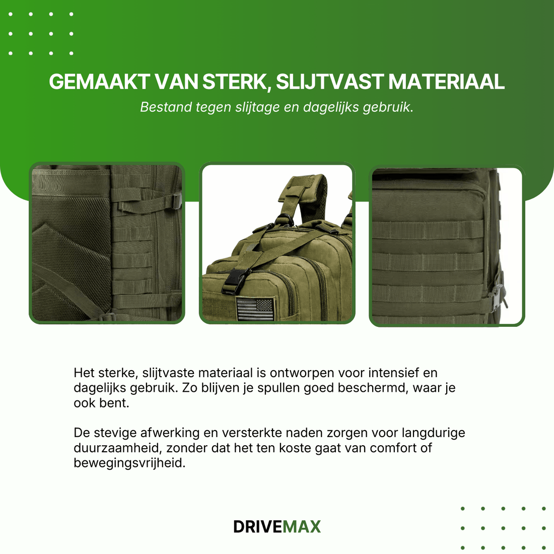 Detailweergave van een groene rugzak met verstevigde naden, ritsen en stevig afgewerkte banden.