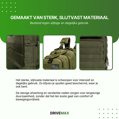 Detailweergave van een groene rugzak met verstevigde naden, ritsen en stevig afgewerkte banden.