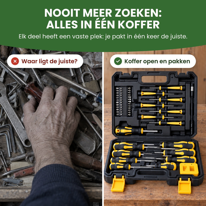 Links een hand die in een rommelige la naar een schroevendraaier zoekt, rechts de open koffer met alles op zijn plek: nooit meer zoeken