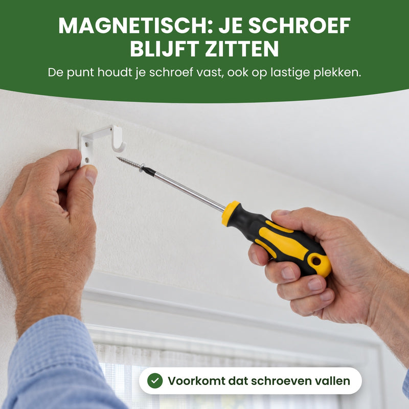 Een schroef hangt aan de magnetische punt van de schroevendraaier bij een beugel hoog aan de muur: je schroef blijft zitten