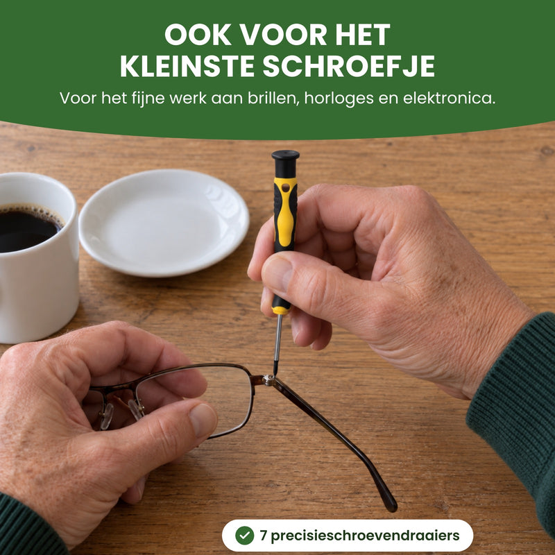Handen draaien met een precisieschroevendraaier het schroefje van een leesbril vast: ook voor het kleinste schroefje