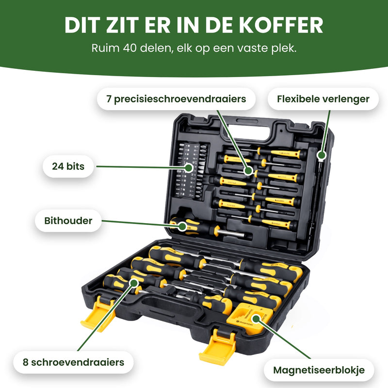 Open koffer met 8 schroevendraaiers, 7 precisieschroevendraaiers, 24 bits, bithouder, flexibele verlenger en magnetiseerblokje: ruim 40 delen