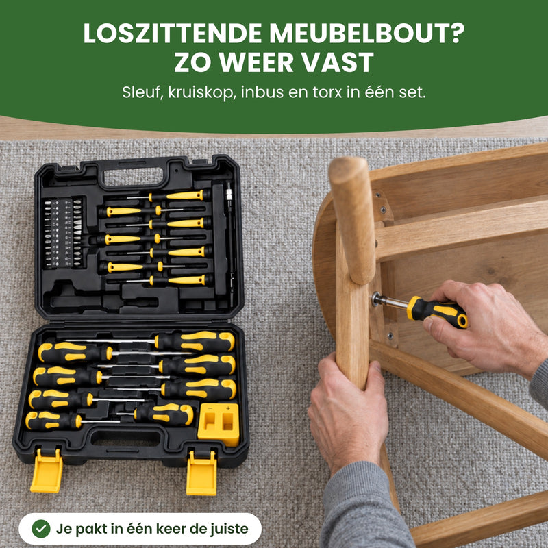 Hand draait met de bithouder een bout van een houten stoel vast, met de open koffer ernaast: je pakt in één keer de juiste