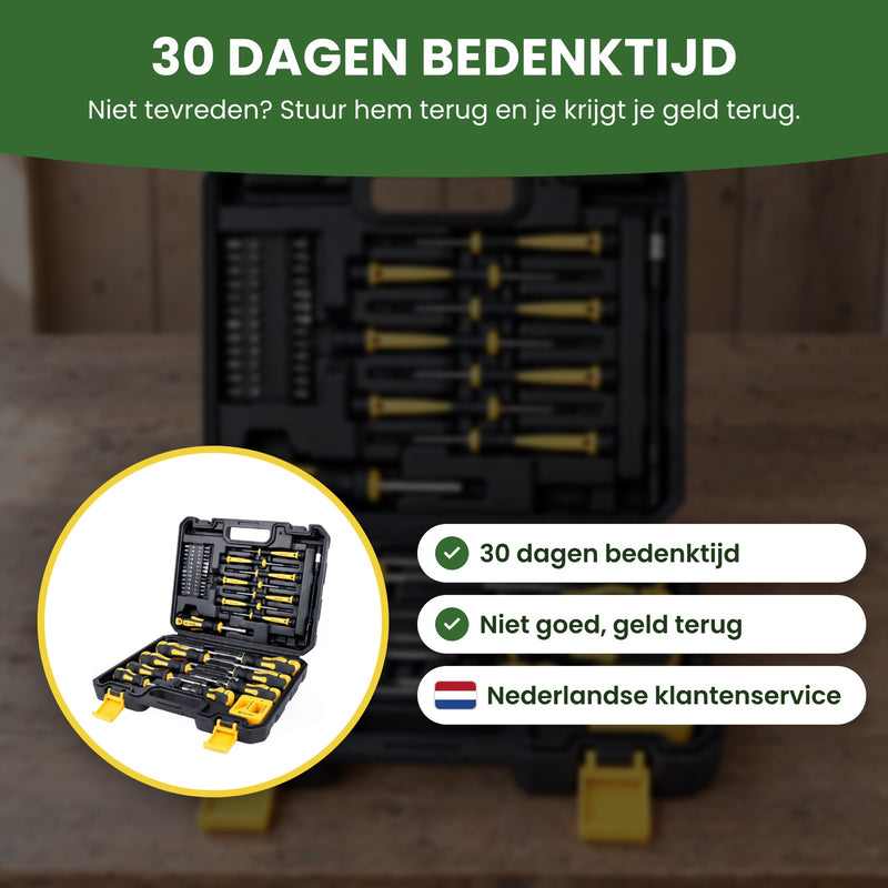 Schroevendraaierset in koffer met 30 dagen bedenktijd, niet goed geld terug en Nederlandse klantenservice