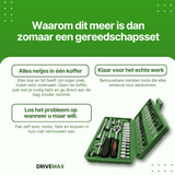 Schroevendraaierset in groene koffer met ratel, doppen en bitjes, overzichtelijk georganiseerd voor diverse klussen.