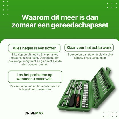 Schroevendraaierset in groene koffer met ratel, doppen en bitjes, overzichtelijk georganiseerd voor diverse klussen.
