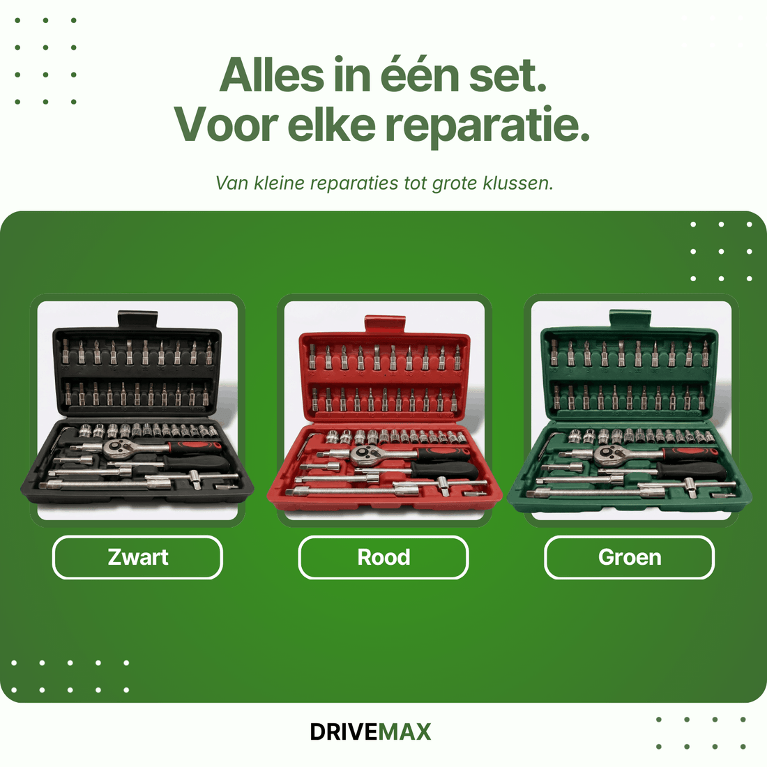 Schroevendraaierset verkrijgbaar in zwart, rood en groen, met ratel, doppen en bitjes in compacte koffer.