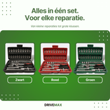 Schroevendraaierset verkrijgbaar in zwart, rood en groen, met ratel, doppen en bitjes in compacte koffer.