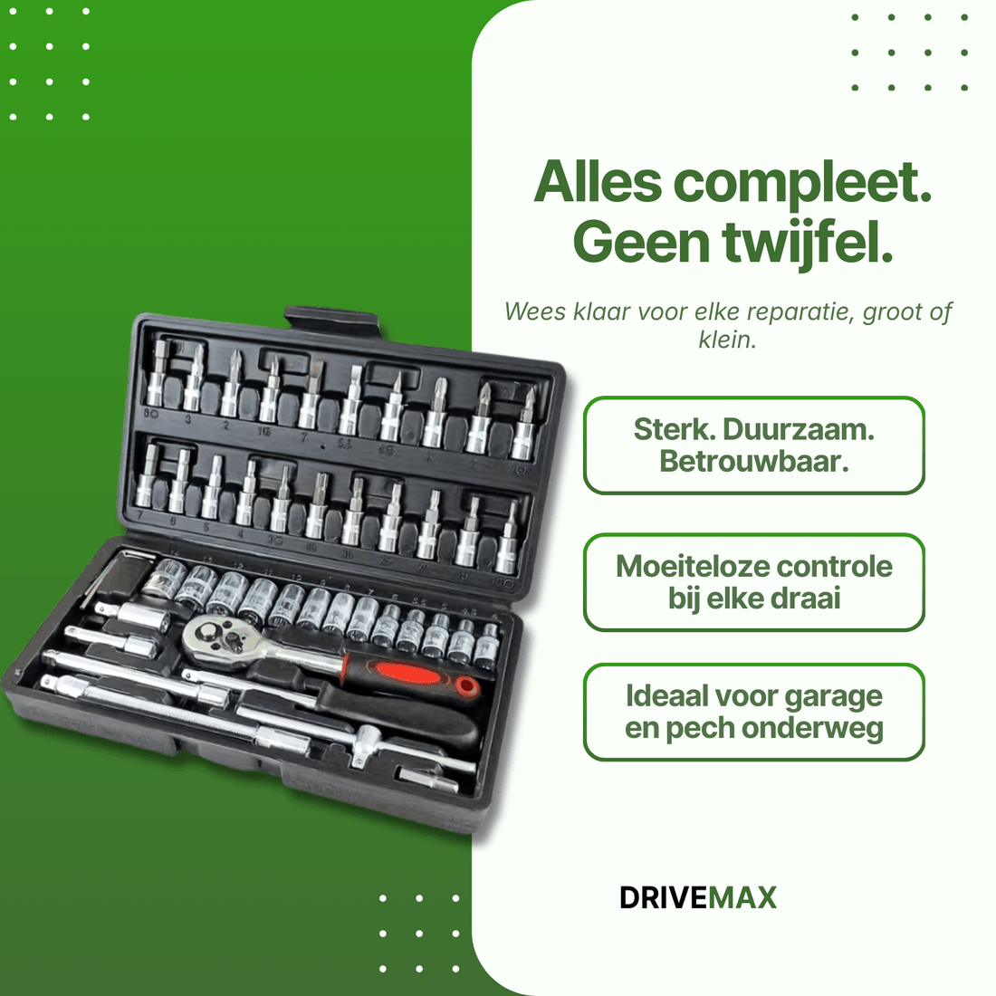 Schroevendraaierset in zwarte koffer met ratel, doppen en bitjes, overzichtelijk en klaar voor elke reparatie.