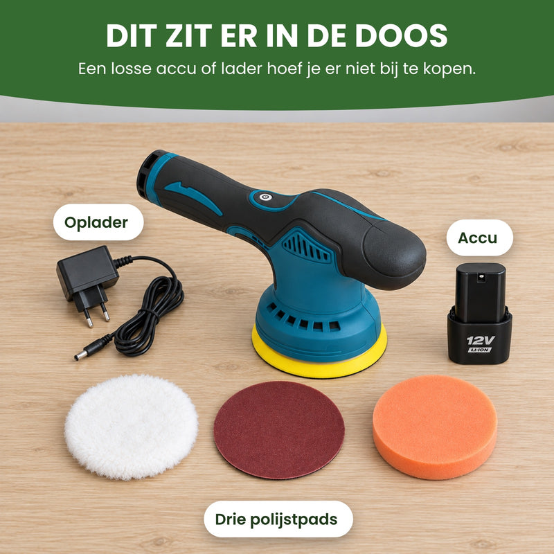 Inhoud van de doos van de ShinePro op tafel: de polijstmachine, een accu van 12 volt, de oplader en drie polijstpads