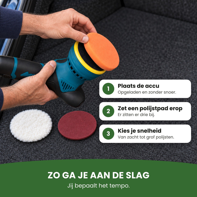 Handen zetten een oranje polijstpad op de gele schijf van de ShinePro: plaats de accu, zet een polijstpad op de schijf en kies je snelheid