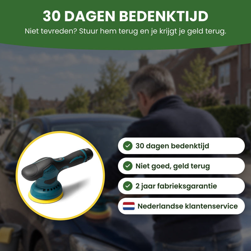 ShinePro polijstmachine in een cirkel met 30 dagen bedenktijd, 2 jaar fabrieksgarantie en Nederlandse klantenservice