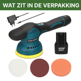 Inhoud van de ShinePro verpakking met polijstmachine, 12V accu, oplader en drie verschillende polijstpads.